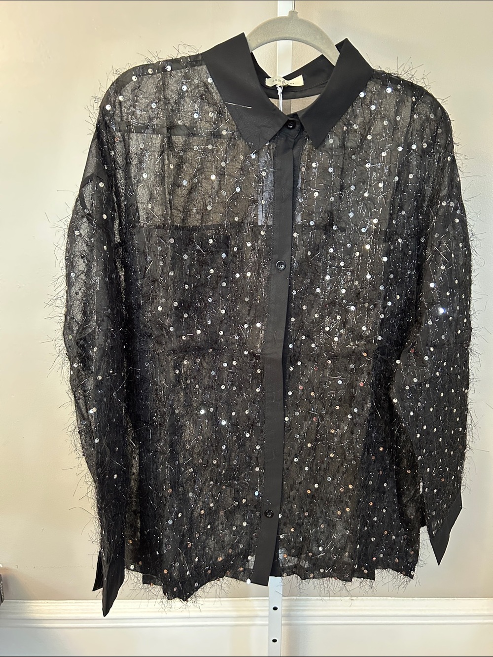 Sheer Black Sequin Button-Front Blouse